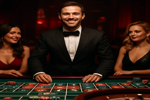 একজন পুরুষ অনলাইন গেম জয়লাভের আনন্দ উদযাপন করছেন, bgd99 প্ল্যাটফর্ম-ভিত্তিক গেম প্রতীক চারপাশে ভাসছে